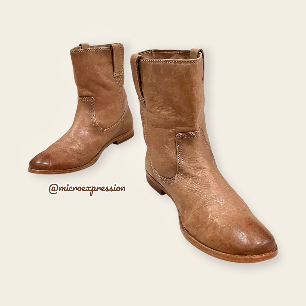 Frye Anna Short Light Tan Leather Pull On Comfy Casual Low Heel Ankle Booties - Picture 11 of 12
